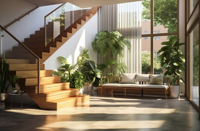 A living room with wooden stairs and plants.